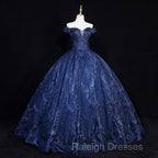 Navy Blue Ball Gown Long Formal Dress, Off Shoulder Navy Blue Party Dress