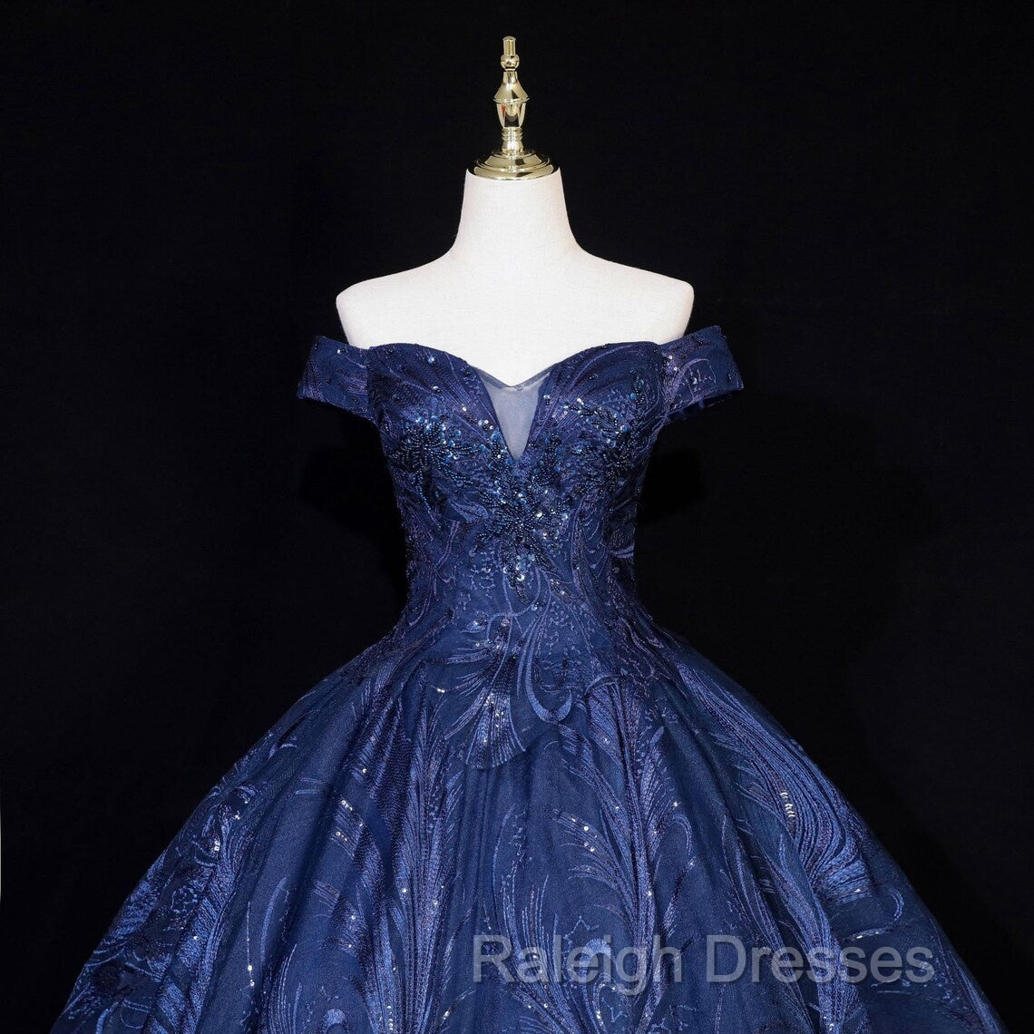 Navy Blue Ball Gown Long Formal Dress, Off Shoulder Navy Blue Party Dress
