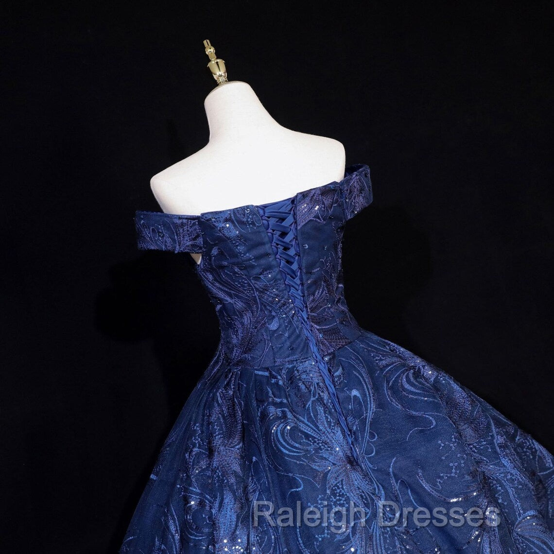 Navy Blue Ball Gown Long Formal Dress, Off Shoulder Navy Blue Party Dress