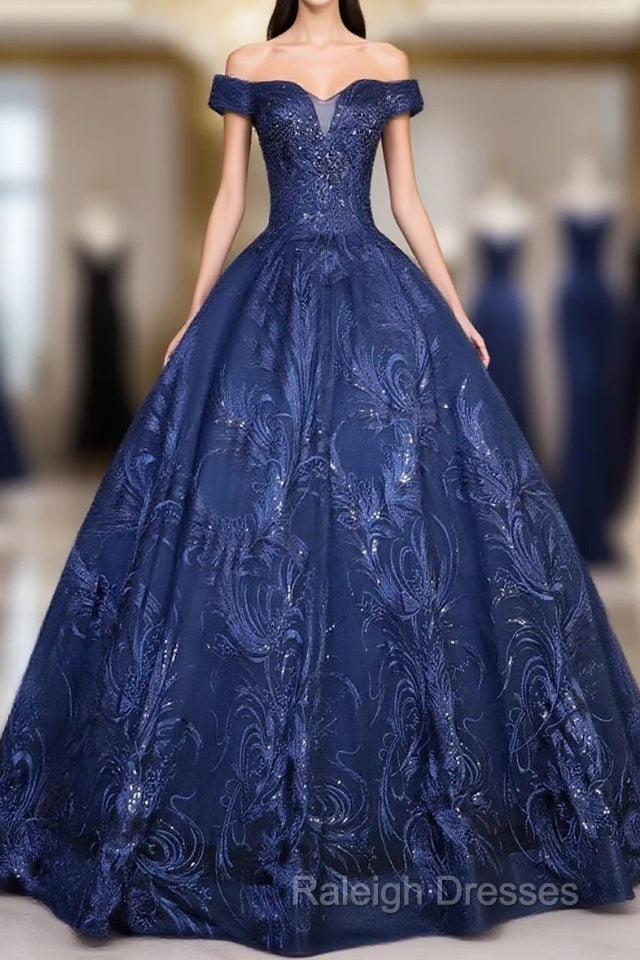 Navy Blue Ball Gown Long Formal Dress, Off Shoulder Navy Blue Party Dress Main image
