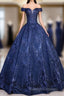Navy Blue Ball Gown Long Formal Dress, Off Shoulder Navy Blue Party Dress