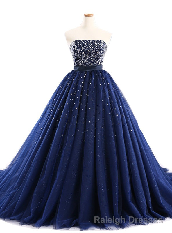 Navy Blue Ball Gown Tulle Sweetheart With Beaded Bodice Prom Dresses