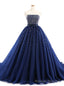 Navy Blue Ball Gown Tulle Sweetheart With Beaded Bodice Prom Dresses