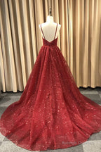 Navy Blue/Burgundy/Champagne Shiny A-Line V Neck Prom Dress