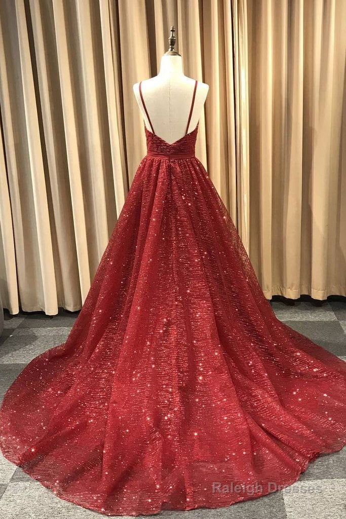 Navy Blue/Burgundy/Champagne Shiny A-Line V Neck Prom Dress