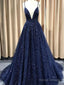 Navy Blue/Burgundy/Champagne Shiny A Line V Neck Prom Dresses