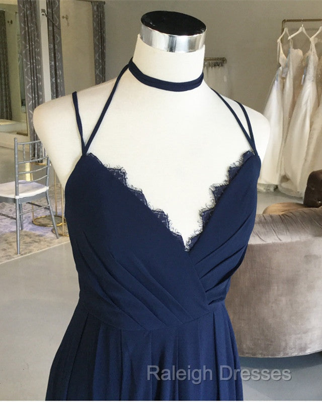 Navy Blue Chiffon Backless Bridesmaid Long Dresses Lace Appliques Secondary image
