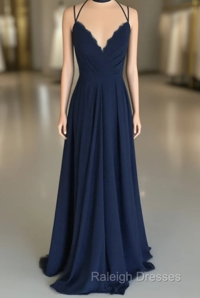 Navy Blue Chiffon Backless Bridesmaid Long Dresses Lace Appliques