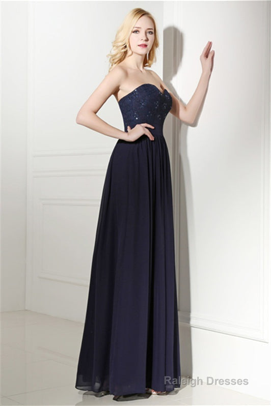 Navy Blue Chiffon Sweetheart Lace Beading Prom Dresses