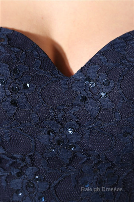 Navy Blue Chiffon Sweetheart Lace Beading Prom Dresses