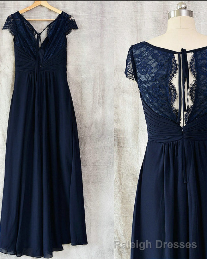 Navy Blue Chiffon with Lace A Line Long Bridesmaid Dress, Wedding Prom Dress