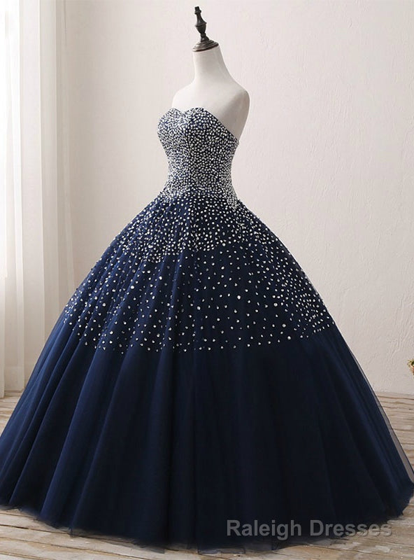 Navy Blue Crystals Tulle Beaded Sweetheart Ball Gown Quinceanera Dresses