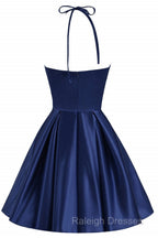 Navy Blue Cute Halter Satin Short Homecoming Dresses Blue Prom Dresseses