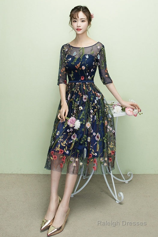 Navy Blue Floral Lace Short Bridesmaid Dress Cute Blue Homecoming Dresses Prom Dresses Secondary image