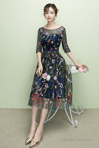 Navy Blue Floral Lace Short Bridesmaid Dress Cute Blue Homecoming Dresses Prom Dresses