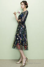 Navy Blue Floral Lace Short Bridesmaid Dresses, Cute Blue Homecoming Dress Prom Dress