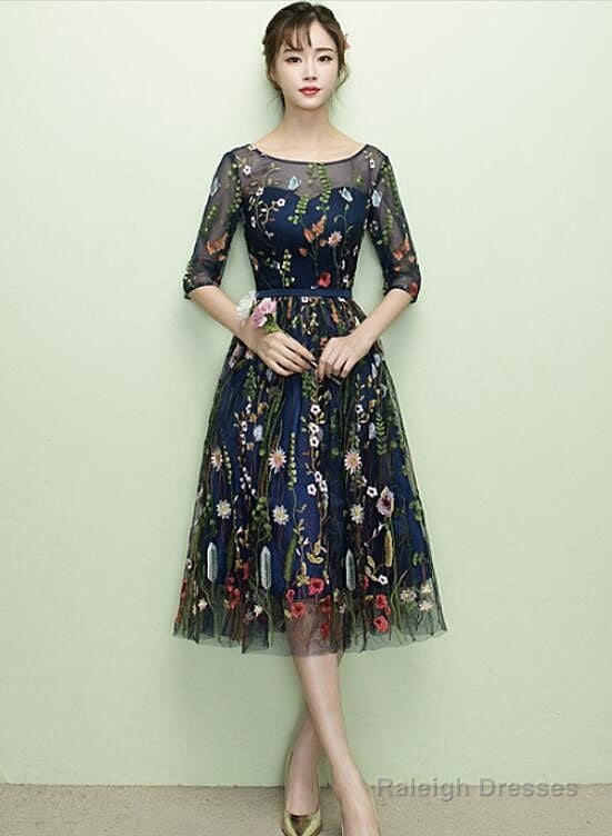 Navy Blue Floral Lace Short Bridesmaid Dresses, Cute Blue Homecoming Dress Prom Dress Main image