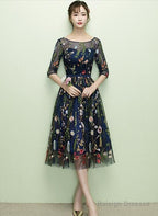 Navy Blue Floral Lace Short Bridesmaid Dresses, Cute Blue Homecoming Dress Prom Dress