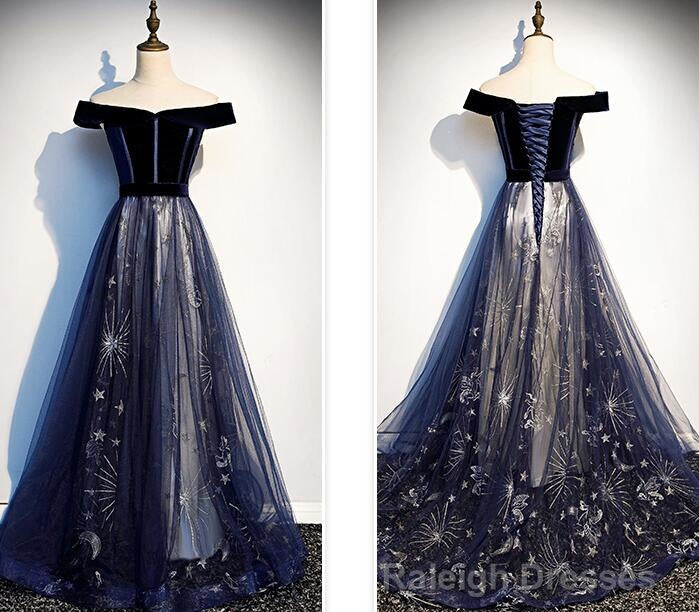 Navy Blue Floral Off Shoulder Velvet and Tulle Prom Dress, Blue Prom Dress Formal Dress Secondary image