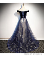 Navy Blue Floral Off Shoulder Velvet and Tulle Prom Dress, Blue Party Dress Formal Dress