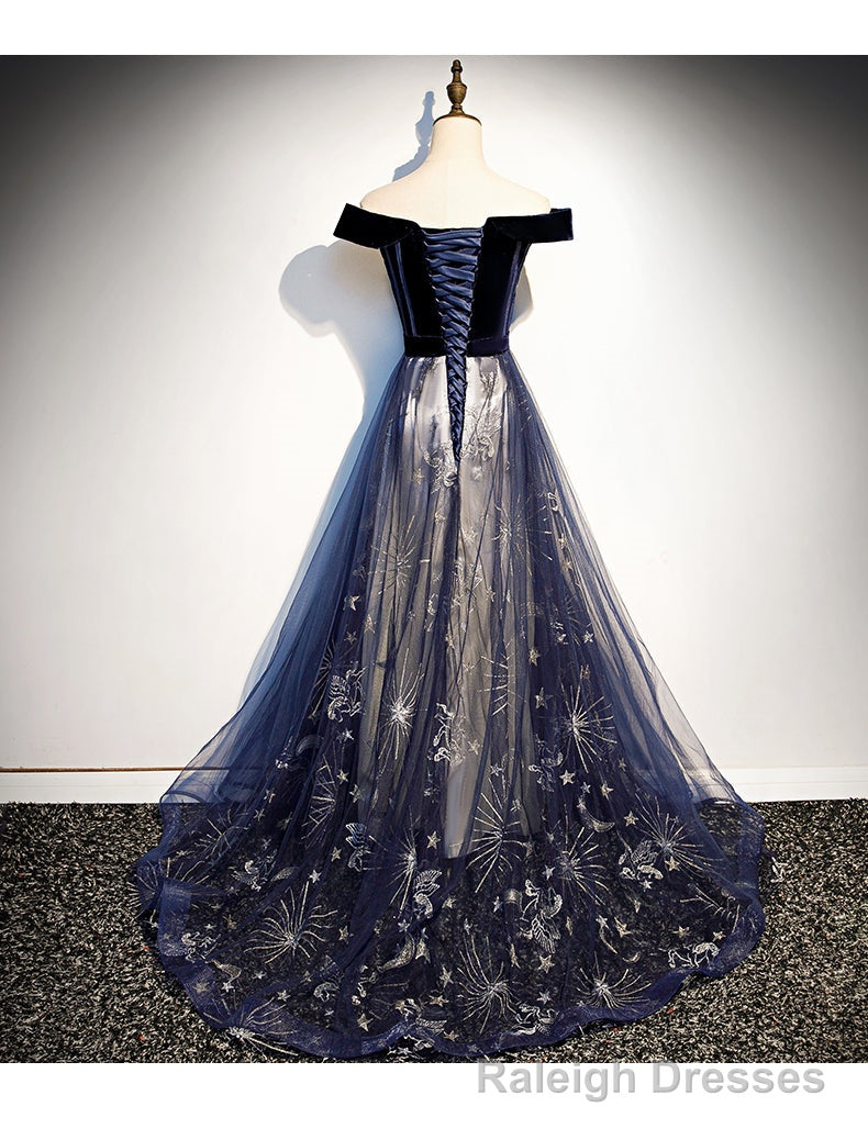 Navy Blue Floral Off Shoulder Velvet and Tulle Prom Dress, Blue Party Dress Formal Dress