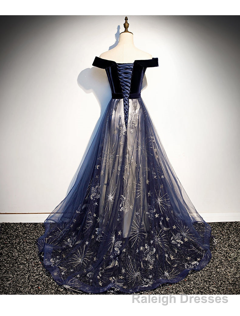 Navy Blue Floral Off Shoulder Velvet and Tulle Prom Dress, Blue Prom Dress Formal Dress Main image