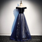 Navy Blue Floral Off Shoulder Velvet and Tulle Prom Dress, Blue Prom Dress Formal Dress