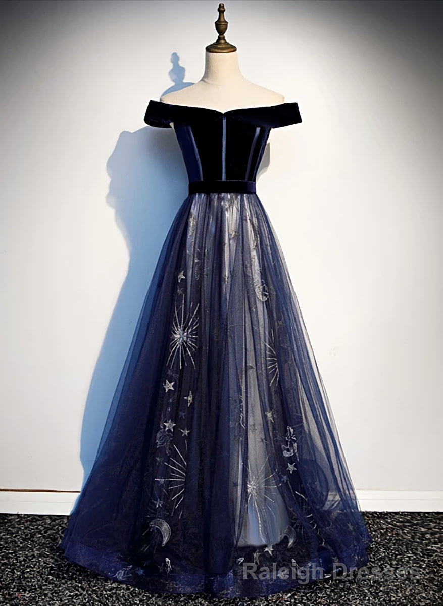 Navy Blue Floral Off Shoulder Velvet and Tulle Prom Dress, Blue Party Dress Formal Dress