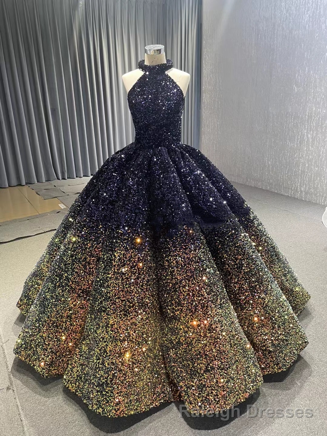 Navy Blue Gold Sequins Halter Prom Dress