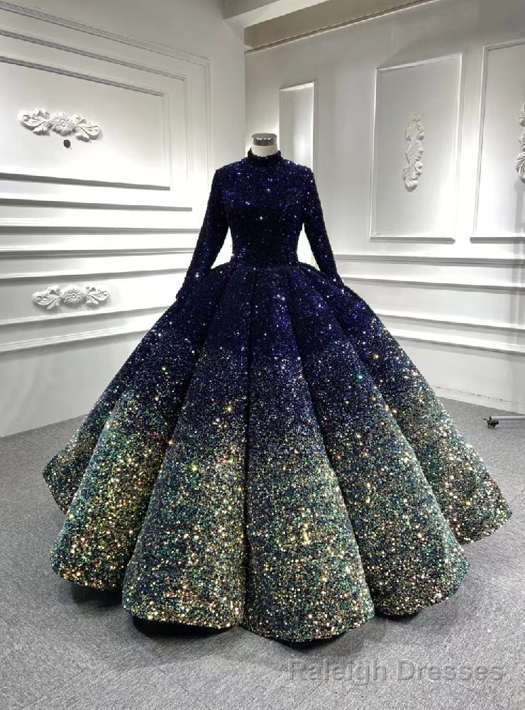 Navy Blue Green Sequins Long Sleeve Prom Dress Main image