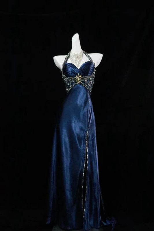 Navy Blue Halter Beaded Prom Dress Long Evening Dress Main image