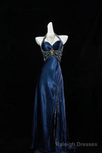 Navy Blue Halter Beaded Prom Dress Long Evening Dress
