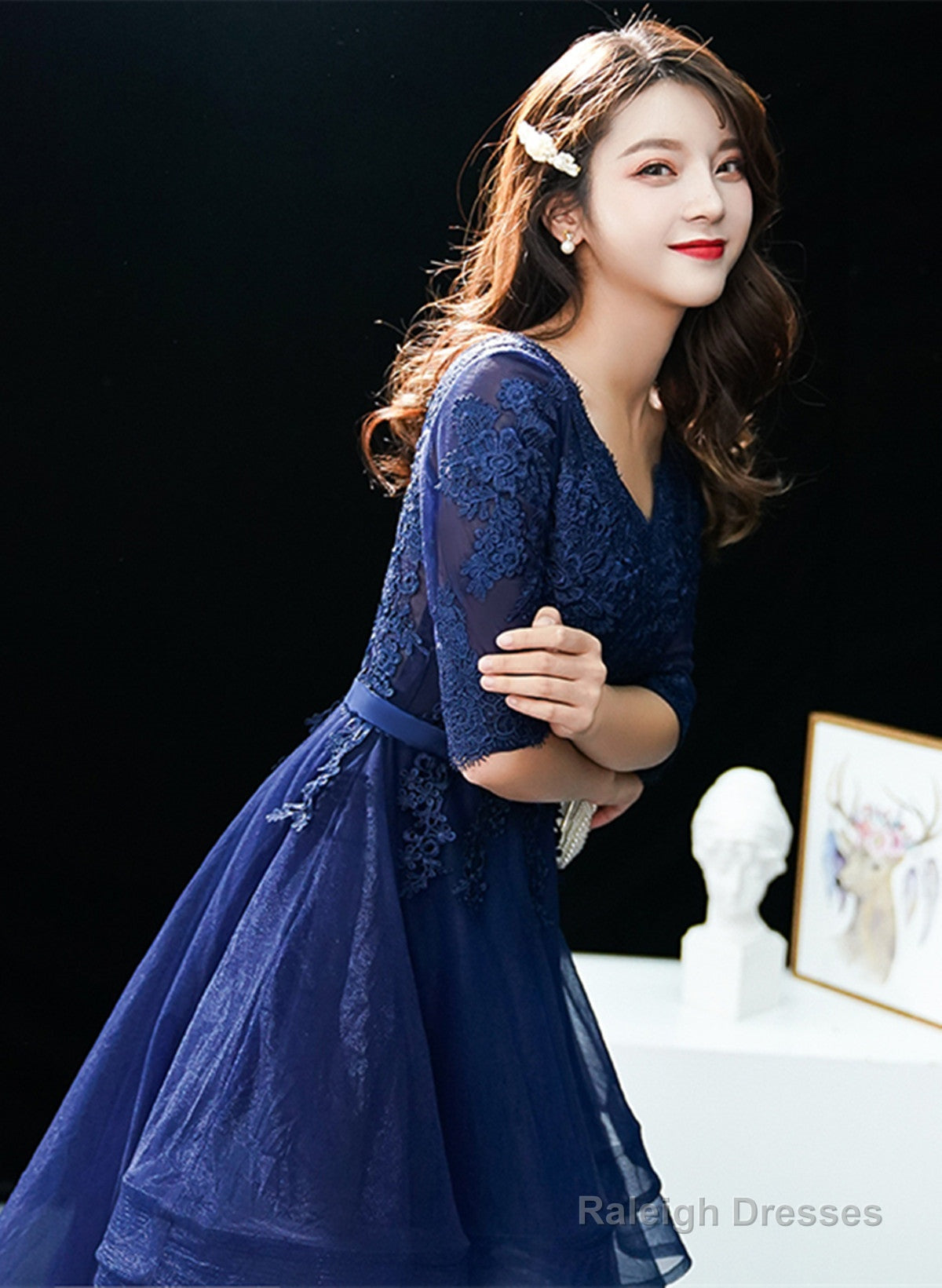 Navy Blue High Low Tulle With Lace Party Dress, Blue Homecoming Dress Prom Dress