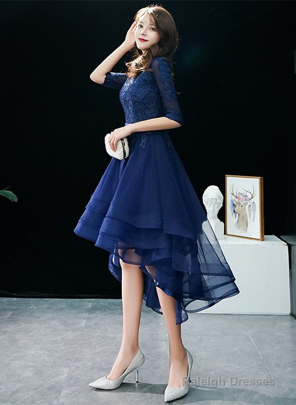 Navy Blue High Low Tulle With Lace Party Dress, Blue Homecoming Dress Prom Dress