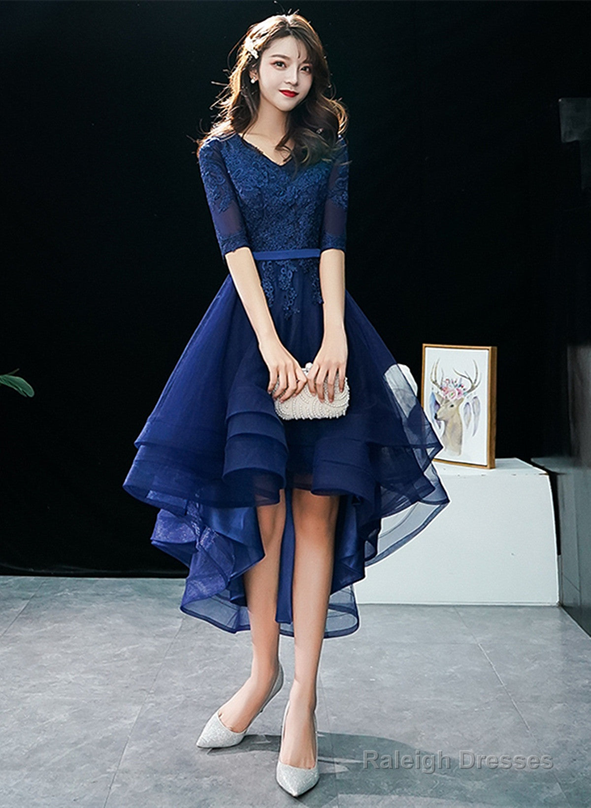 Navy Blue High Low Tulle With Lace Party Dress, Blue Homecoming Dress Prom Dress Main image
