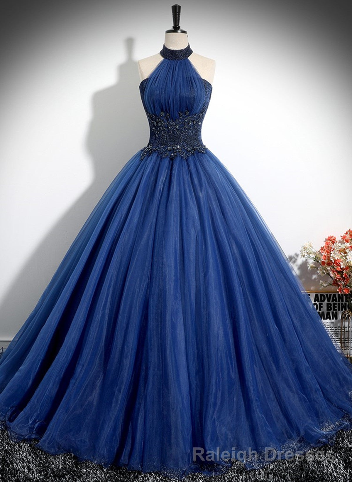 Navy Blue High Neckline Tulle Long Formal Dress, Navy Blue Ball Gown P