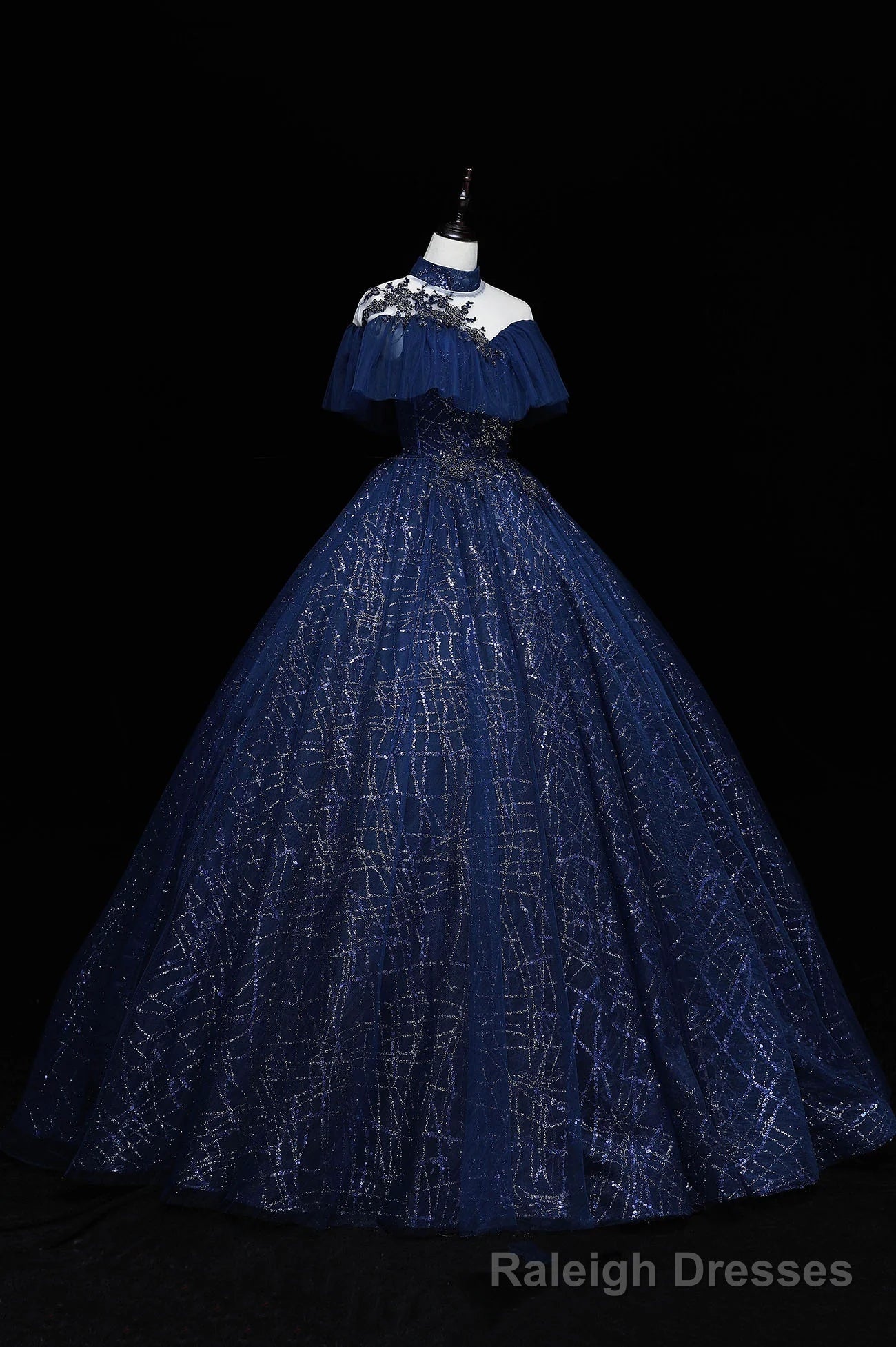 Navy Blue High Neckline Tulle with Lace Formal Dress, Navy Blue Ball Gown Sweet 16 Dress Main image