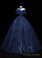 Navy Blue High Neckline Tulle with Lace Formal Dress, Navy Blue Ball Gown Sweet 16 Dress