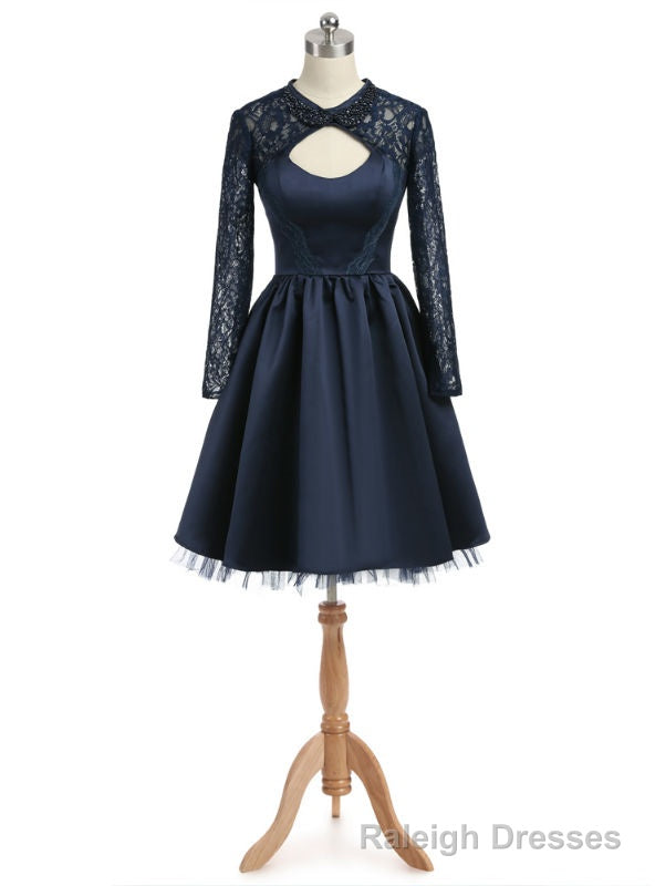 Navy Blue Homecoming Dresses A-line High Collar Long Sleeves Main image