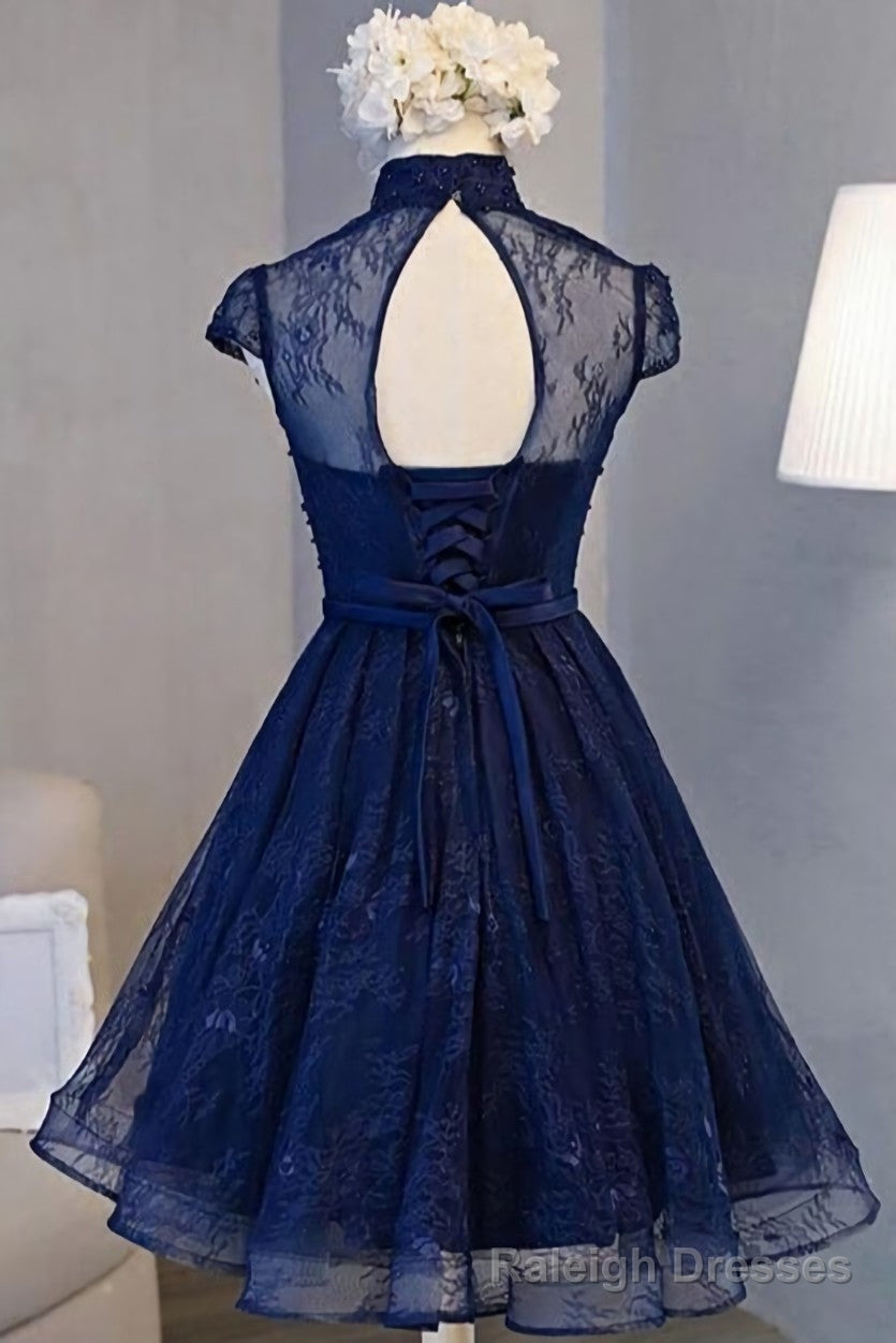 Navy Blue Knee Length Lace Prom Dress, Homecoming Dress – Raleigh Dresses
