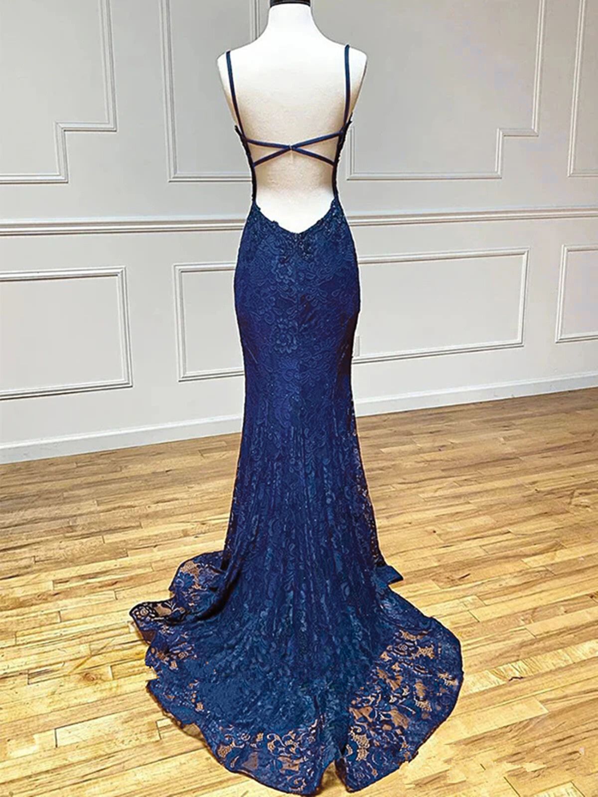 Navy Blue Lace Mermaid Straps Prom Dress With Side Slit, Navy Blue Long Evening Dress Secondary image