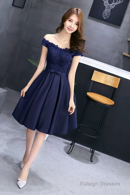 Navy Blue Lace And Satin Off Shoulder Party Dress With Bow, Cute Homecoming Dresses Secondary image