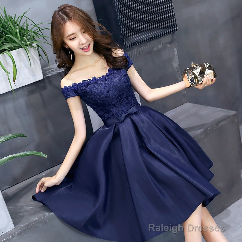Navy Blue Lace And Satin Off Shoulder Party Dress With Bow, Cute Homecoming Dresses