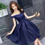 Navy Blue Lace And Satin Off Shoulder Prom Dresses With Bow Cute Homecoming Dress