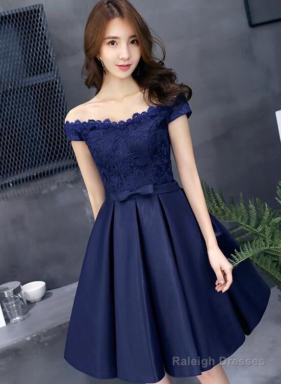 Navy Blue Lace And Satin Off Shoulder Party Dress With Bow, Cute Homecoming Dresses Main image