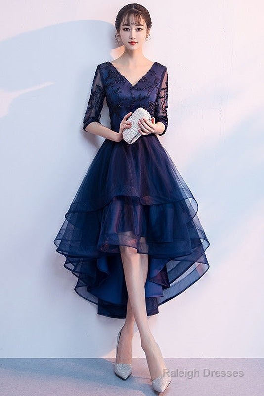 Navy Blue Lace And Tulle Layers V-Neckline High Low Party Dress, Blue Short Prom Dress Secondary image