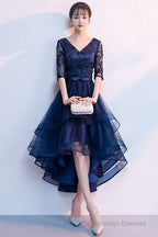 Navy Blue Lace And Tulle Layers V-Neckline High Low Prom Dresses Blue Short Prom Dresses