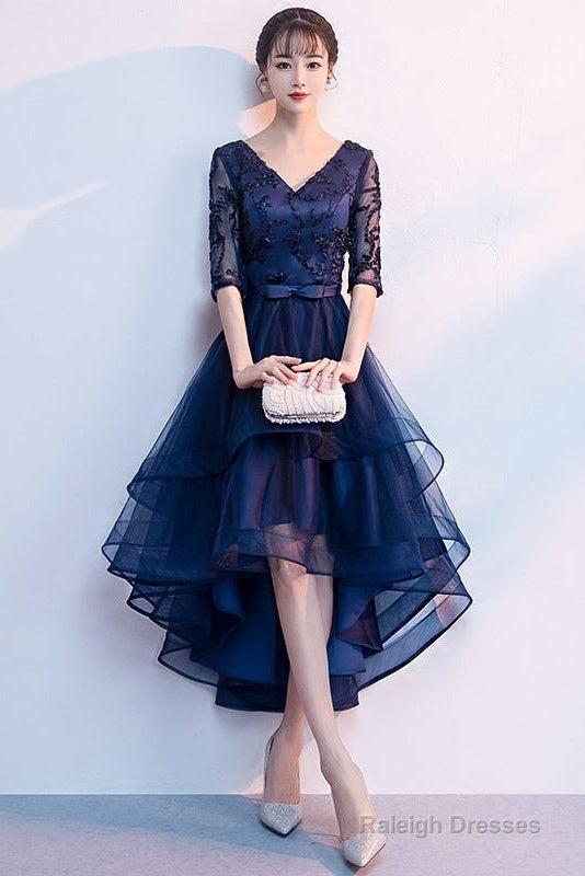 Navy Blue Lace And Tulle Layers V-Neckline High Low Prom Dresses Blue Short Prom Dresses