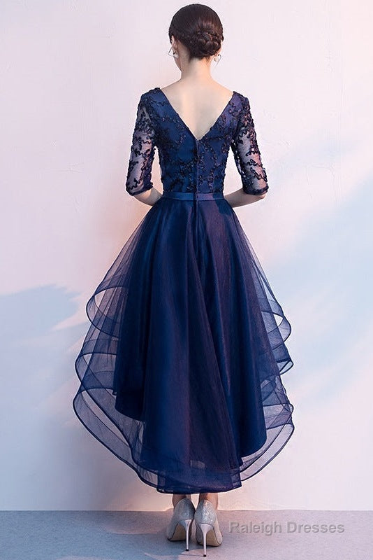 Navy Blue Lace And Tulle Layers V-Neckline High Low Prom Dresses Blue Short Prom Dresses