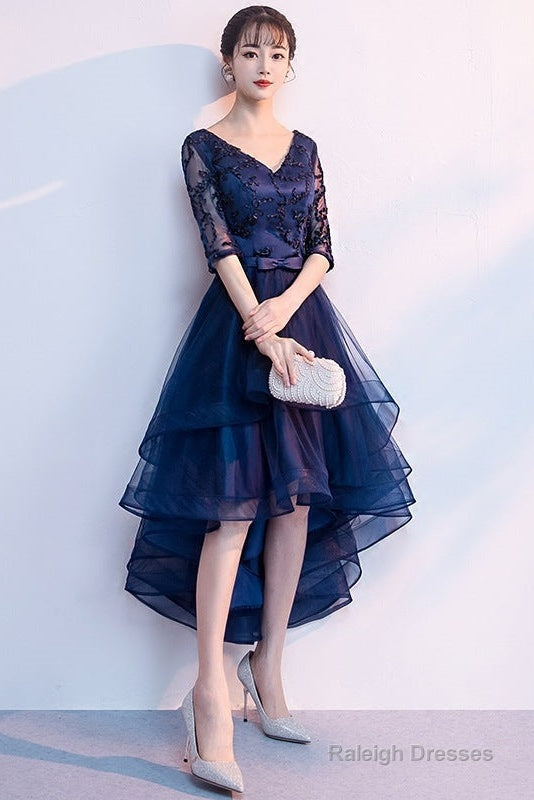 Navy Blue Lace And Tulle Layers V-Neckline High Low Prom Dresses Blue Short Prom Dresses